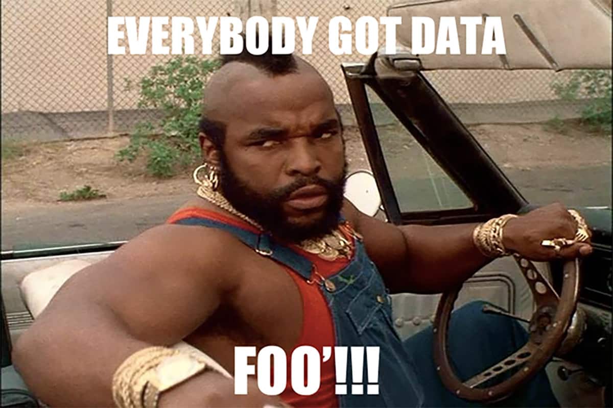 Mr.T dressed in jeans overalls and a red shirt sitting in a car.The writing on image says